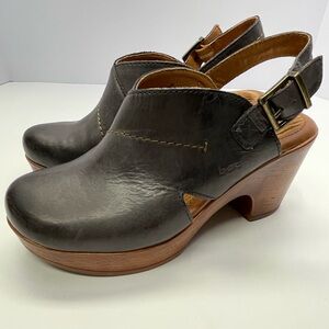 b.o.c. Black Leather Clogs with Tan Wooden Heel